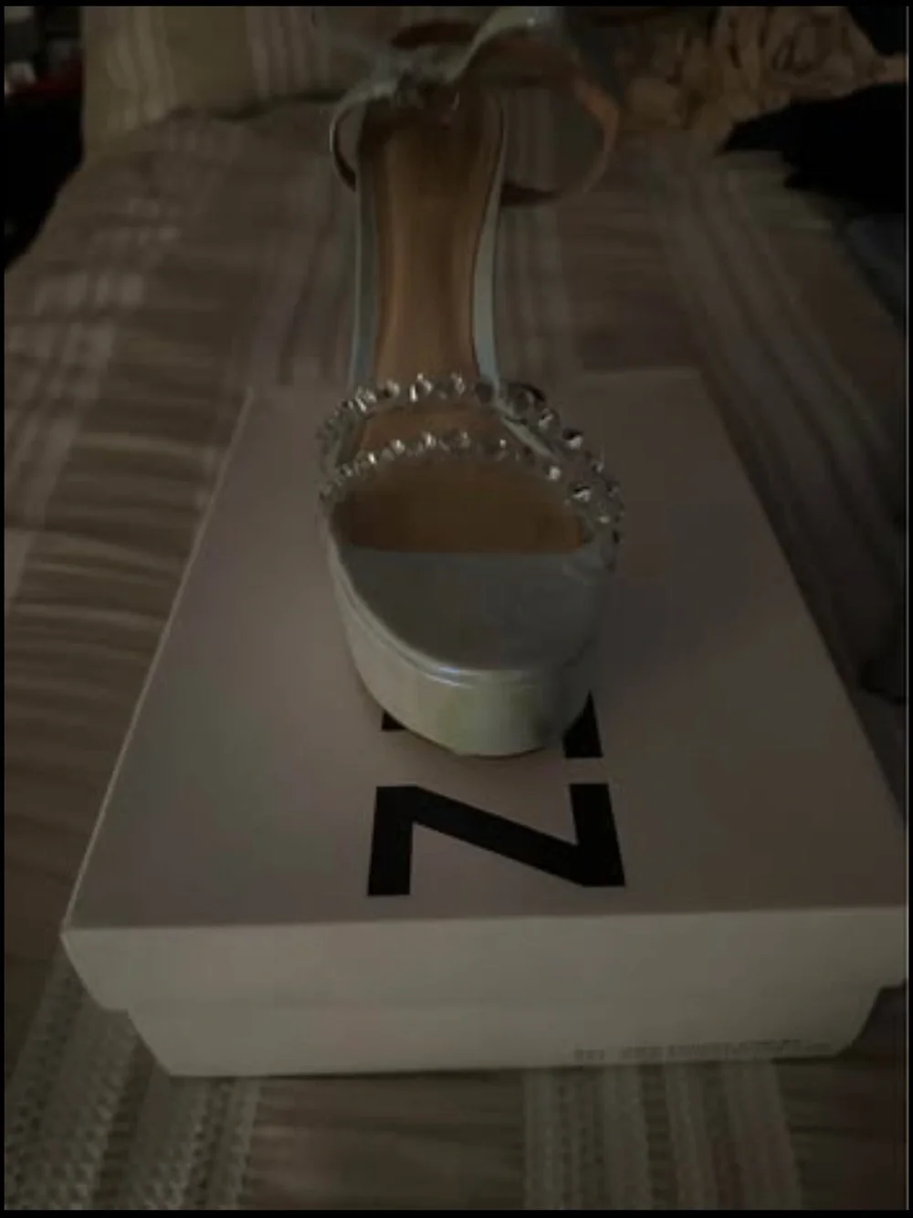 SCHUTZ Iridescent White Platform Sandals with Rhinestone Chain Straps